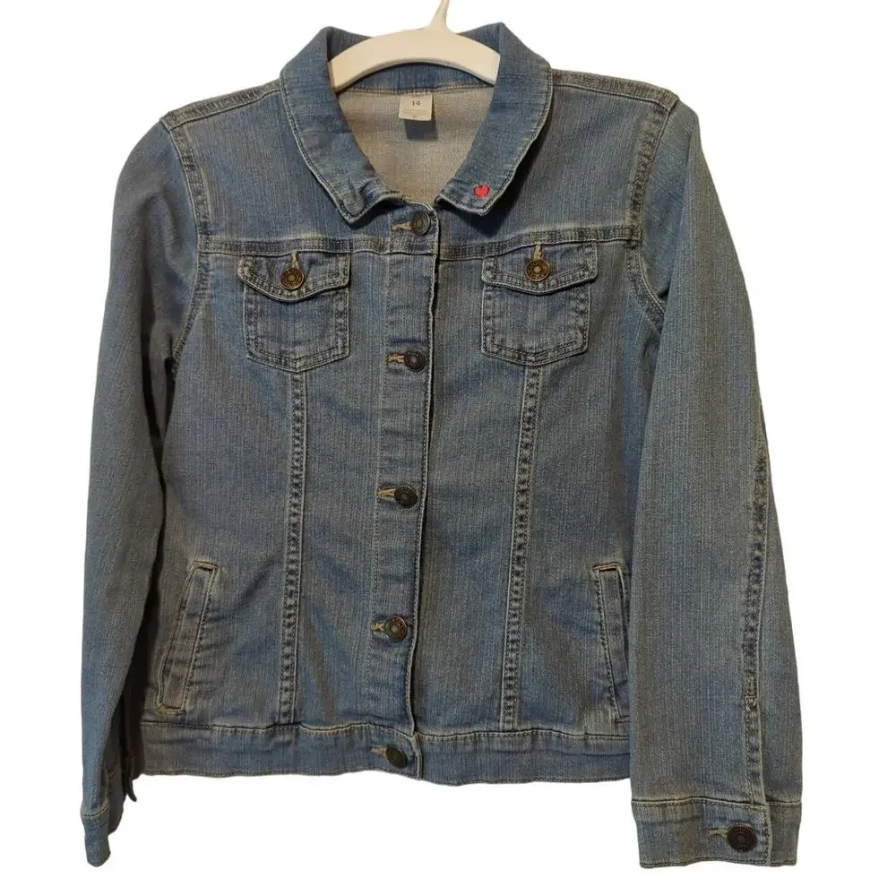 Carter's Kid Denim Jean Jacket Button Up Utility Pockets Embroidered Heart Sz 14